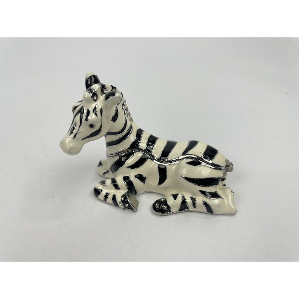Vintage Enamel Zebra Jewelry / Trinket Box W/ Crystal Jewels